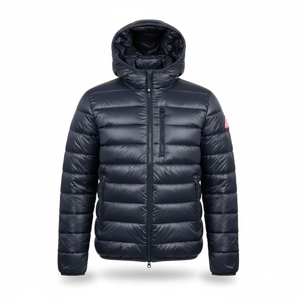 Guess Puffer Jacket Womens Large Navy Full Zip Coat Hood Designer Casual
